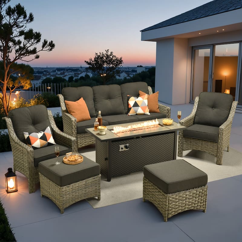 XIZZI 7-Piece Patio Seating Set with Cushions and Fire Pit Table - Black