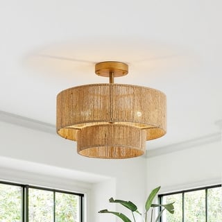 Bohemian 3-Light Antique Gold Natural Jute Rope Drum Semi-Flush Mount Ceiling Light - 15.4" W x 12.6" H