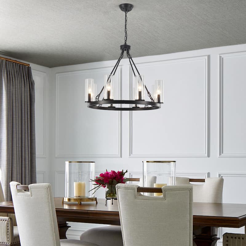 25.98inch 8-light Farmhouse Wagon Wheel Height Adjustable Chandelier With Glass Shade for Multiple Spaces