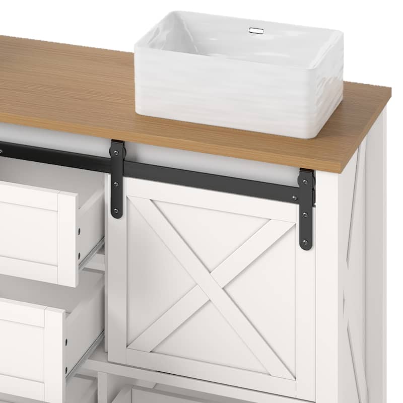Moasis 60" Farmhouse Double Sink Bathroom Vanity Cabinet with Ceramic Sink Basin and Sliding-Door Cabinet & 5 Drawers