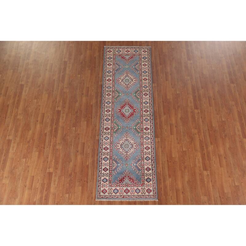 Hand Knotted Oriental 100% Wool Carpet Traditional Geometric Navy Blue & Blues Kazak Runner Rug - 8' 11'' X 2' 9''