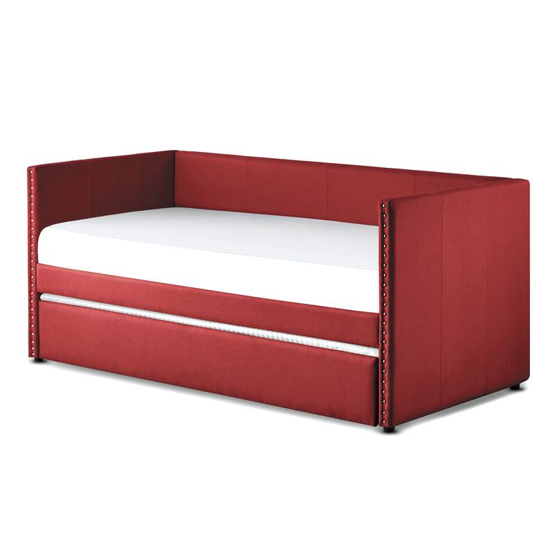 Fabric Upholstered Day Bed with Pull-out Trundle Nailhead Trim Wood