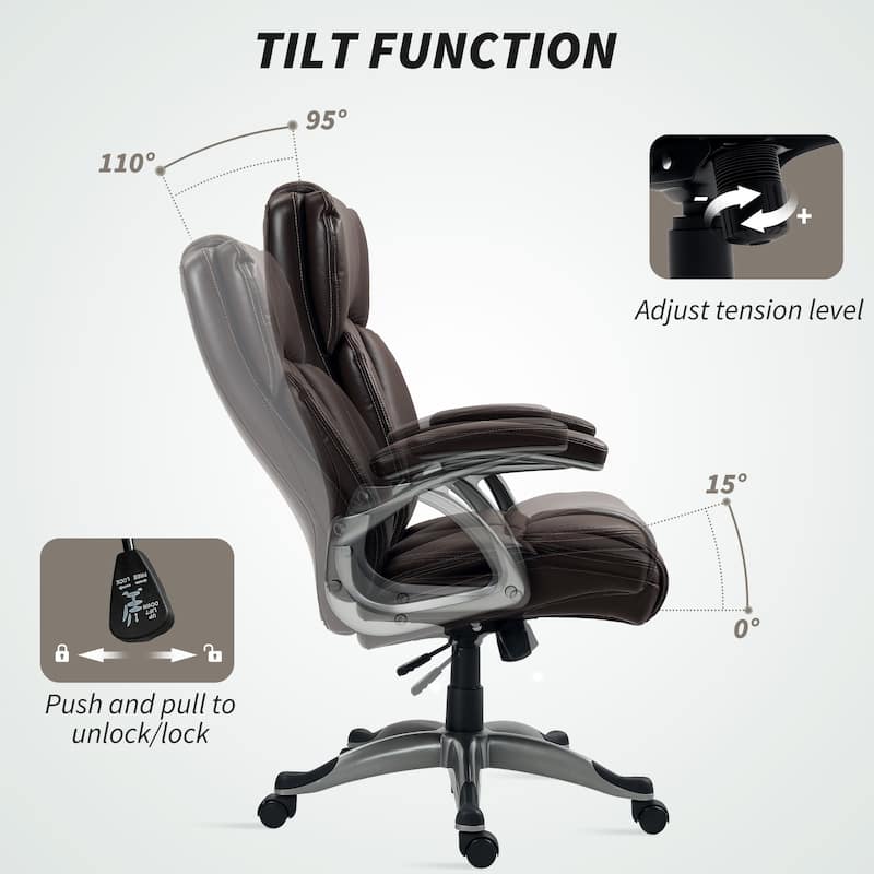 Adjustable Height PU Leather Office Chair with High Back and Armrests Tilt Swivel for Home or Desk