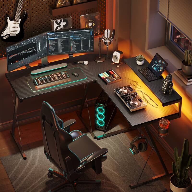 L-Shaped LED Gaming Desk Corner Computer Desk with Monitor Stand