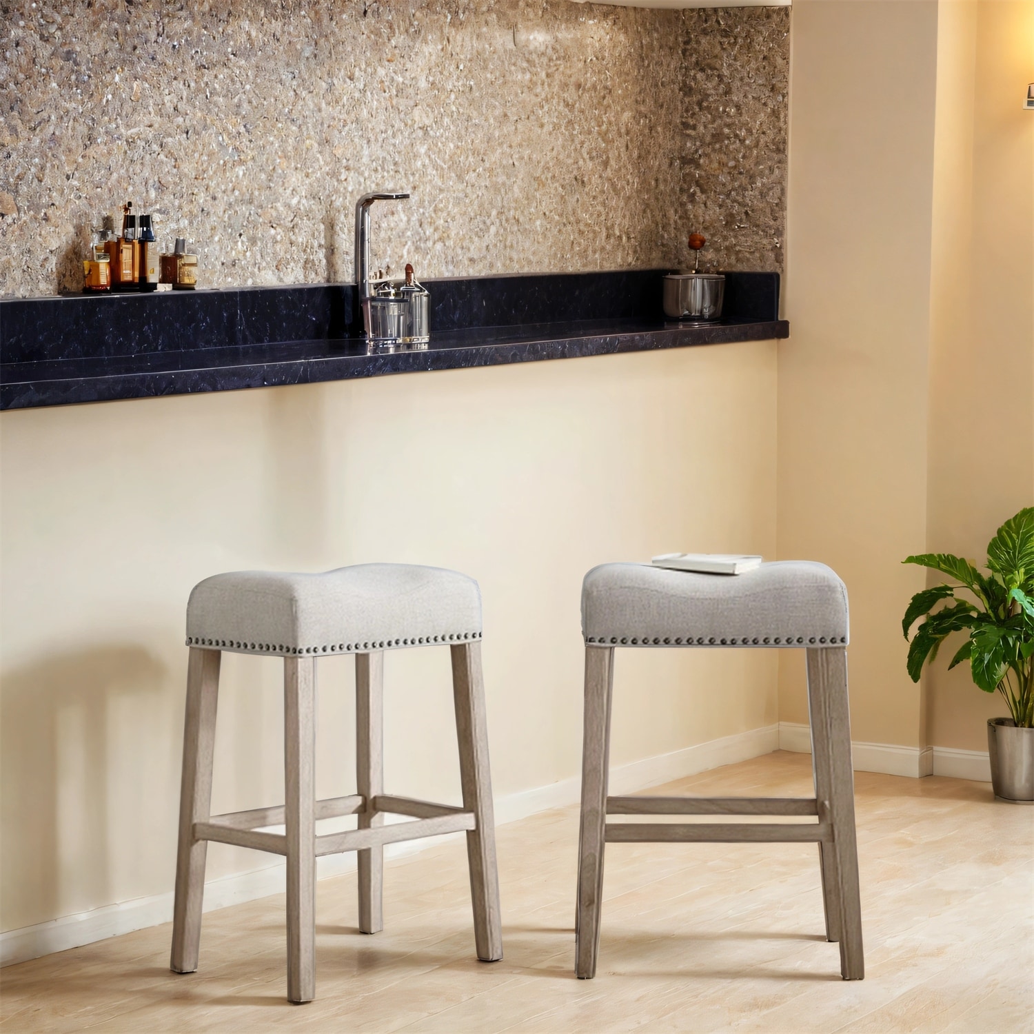 Upholstered Backless Saddle Seat Bar Stools in Tan (Set of 2)