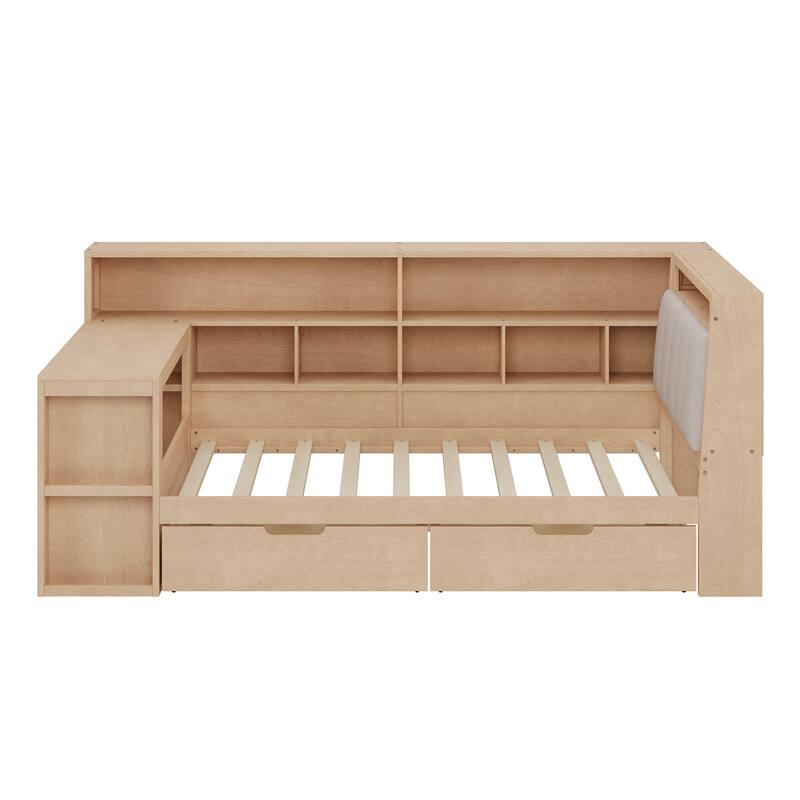 L-shaped Bookcase Daybed Wooden Corner Bed Twin Size Bed Built-in Work Desk, Hidden Headboard Storage, Under-bed Drawers, LED
