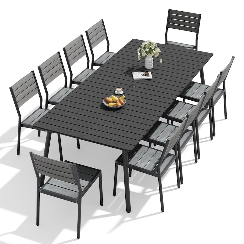 11-piece Outdoor Patio Aluminum Rectangle Dining Set with Umbrella Hole - Black-Table&Grey-Chairs