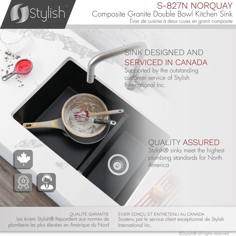 STYLISH 27 inches L x 18 inches W Double Bowl 60/40 Dual Mount Composite Granite Kitchen Sink - 27" x 18" x 9.5"