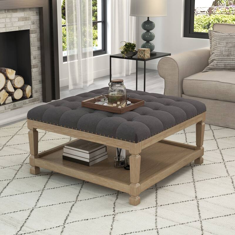Button-Tufted Upholstered Coffee Table Ottoman with Wooden Shelf – Square Fabric Ottoman