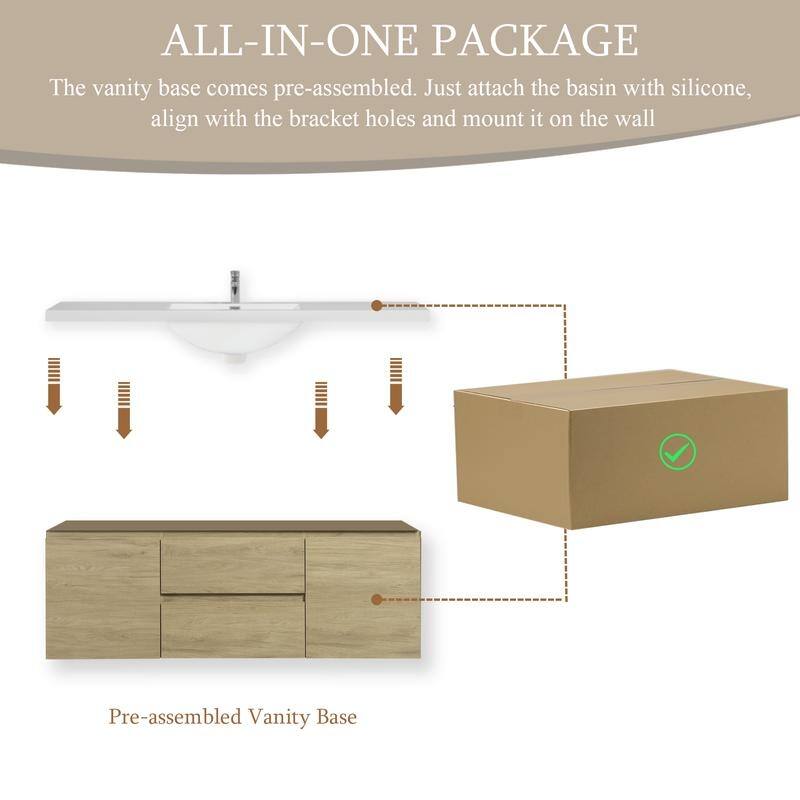 ABRUZZO 60" Floating Bathroom Vanity with Integrated Resin Top Basin 2 Cabinets 2 Soft Close Drawers Full Assembly