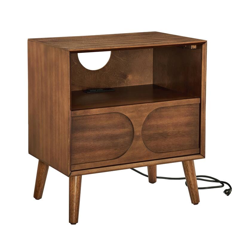 Mid Century Nightstand with Charging Station, USB Ports & Drawer, Walnut Finish
