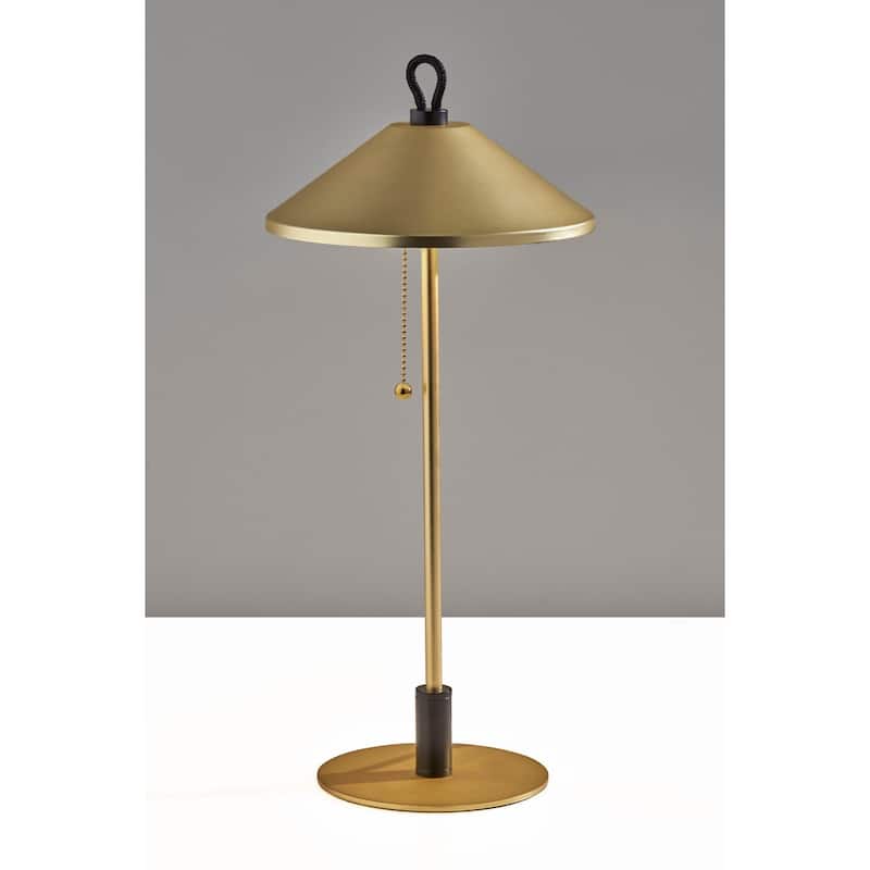 Gold Metal Candlestick LED Table Lamp with Brass Cone Shade Pull Chain - 8.62” x 8.62” x 19.75” (D x W x H)