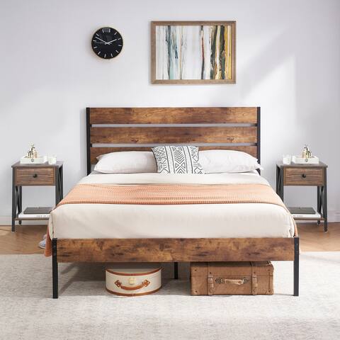 Retro 3-Pieces Bedroom Set with Rustic Brown Platform Bed Frame and Nightstands Set of 2