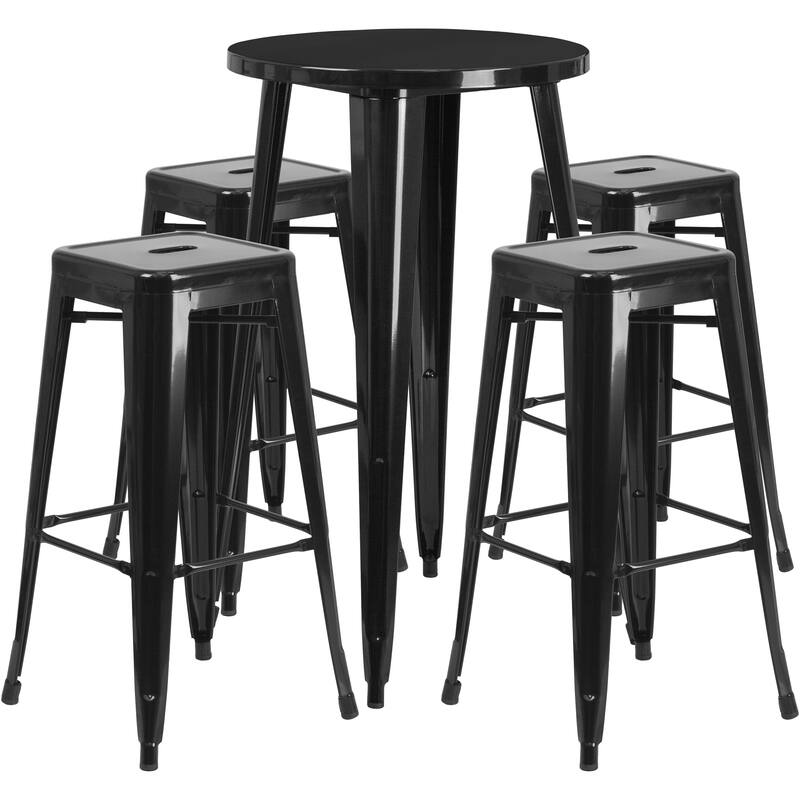 24'' Round Metal Indoor-Outdoor Bar Table Set with 4 Square Seat Backless Stools - Black