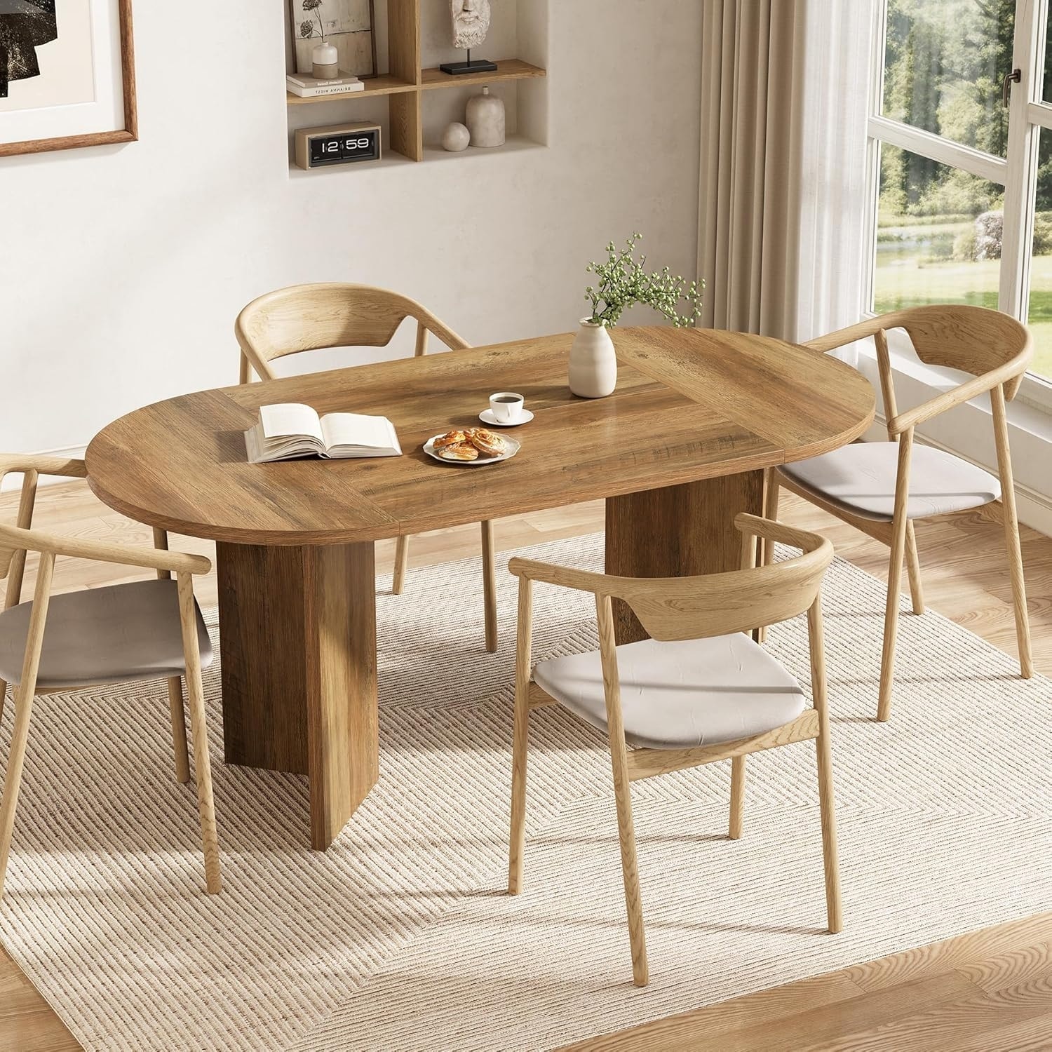 63 Inches Rustic Oval Dining Table, Sturdy MDF Farmhouse Kitchen Table with Metal Strip Base