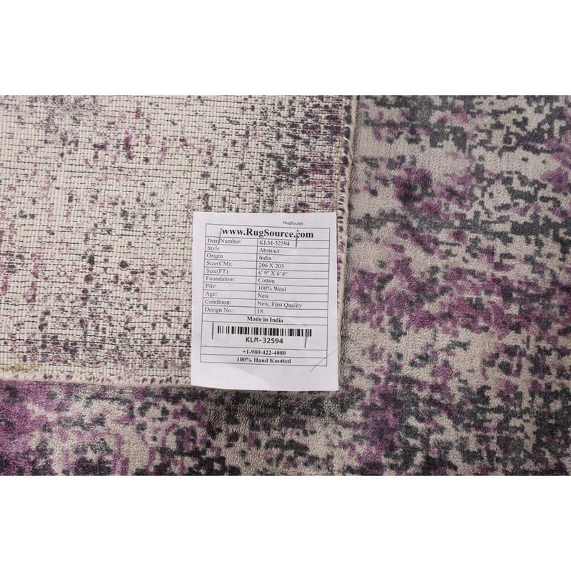 Contemporary Abstract Indian Square Area Rug Hand-Knotted Wool Carpet - 6'8" X 6'9"