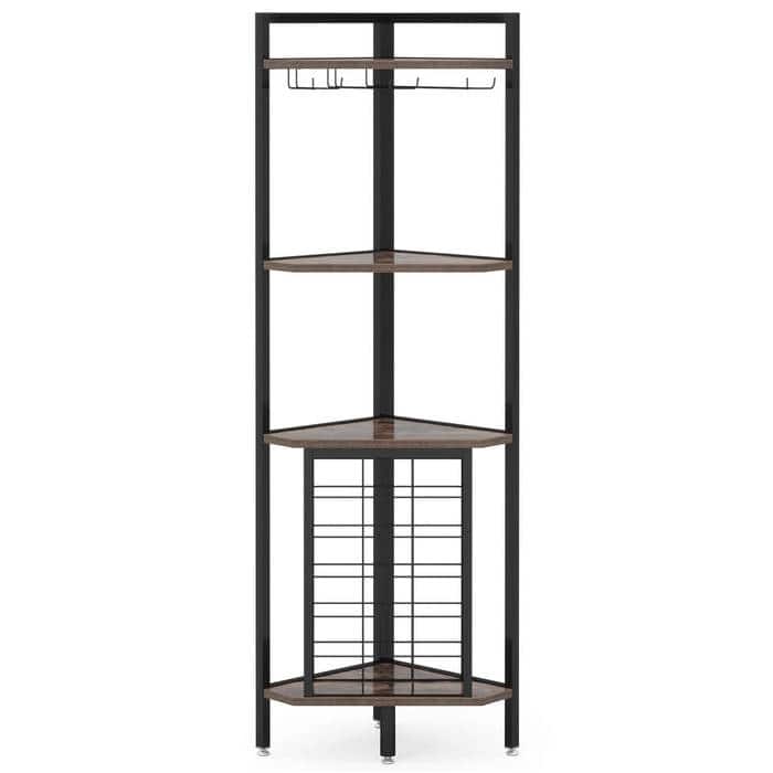 Rustic Brown Black Metal 4-Tier Corner Wine Rack with Glass Holders - 15.75”L x 15.75”W x 63.38”H