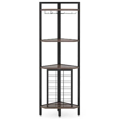 Rustic Brown Black Metal 4-Tier Corner Wine Rack with Glass Holders - 15.75”L x 15.75”W x 63.38”H