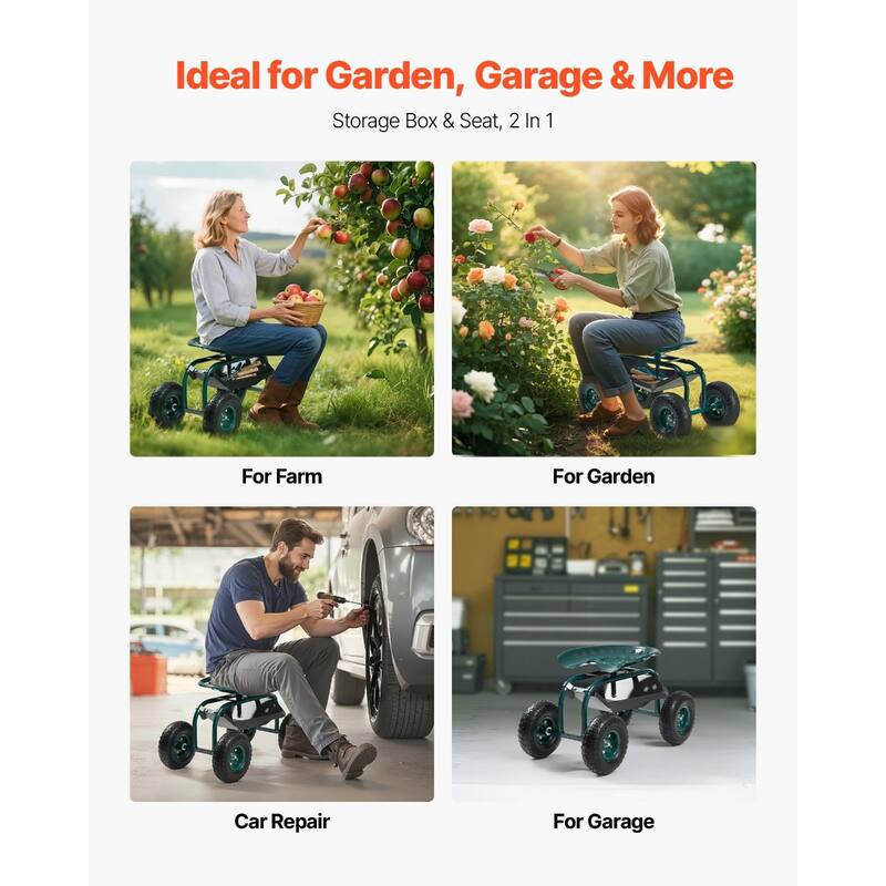 Green and Black Heavy-Duty Steel Rolling Garden Cart with Adjustable 360 Seat and Storage - 31.50×19.17×18.11/ 21.26 inches