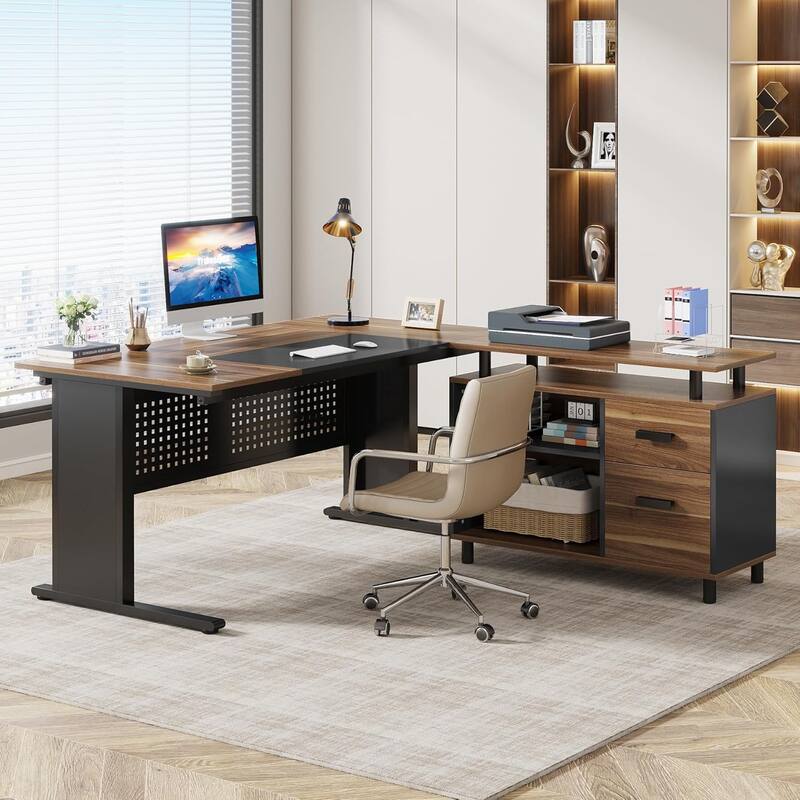 63" L-Shaped Executive Desk with File Cabinet in Rustic Brown and Black