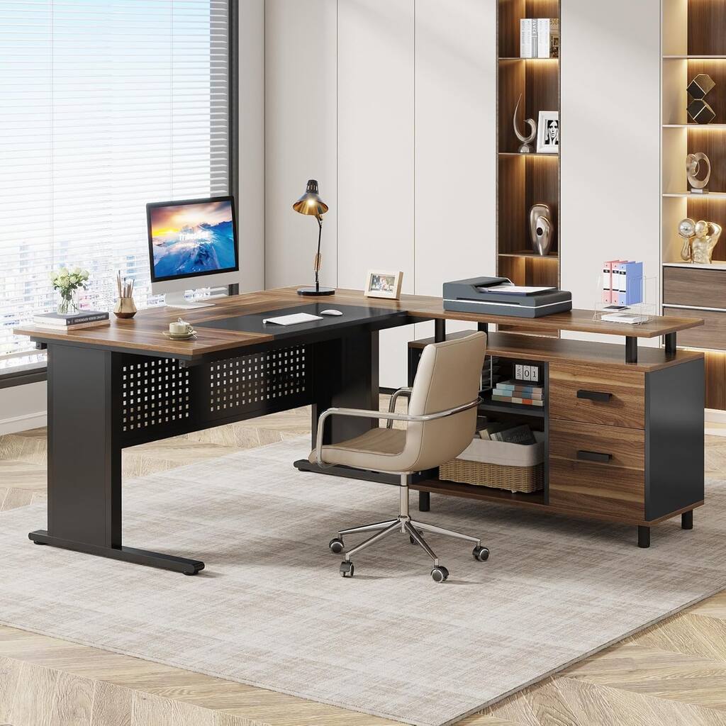 63" L-Shaped Executive Desk with File Cabinet in Rustic Brown and Black