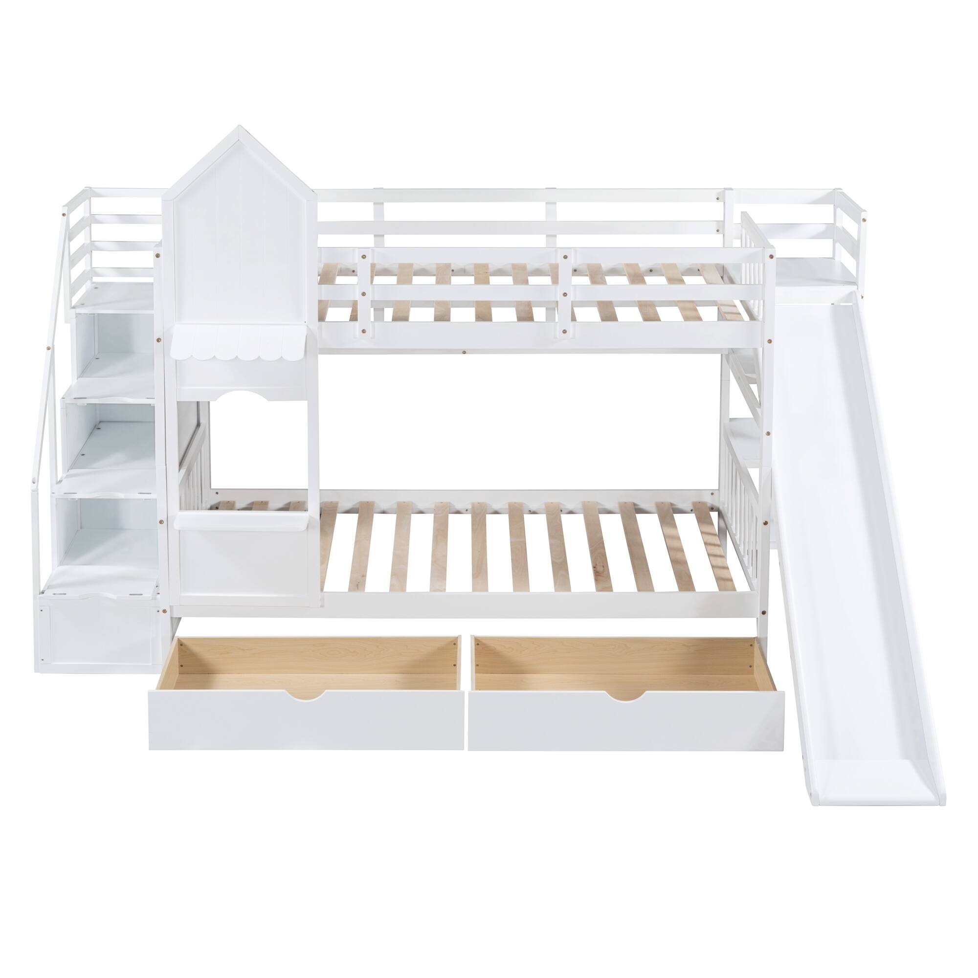 TwinOverTwin Castle Style Bunk Bed with 2 Drawers, 3 Shelves & Slide