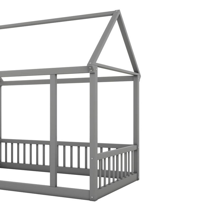 House Floor Bed with House Roof Frame and Safety Guardrails, Twin/Full Size Wooden Floor Montessori Bed House Bed for Kids