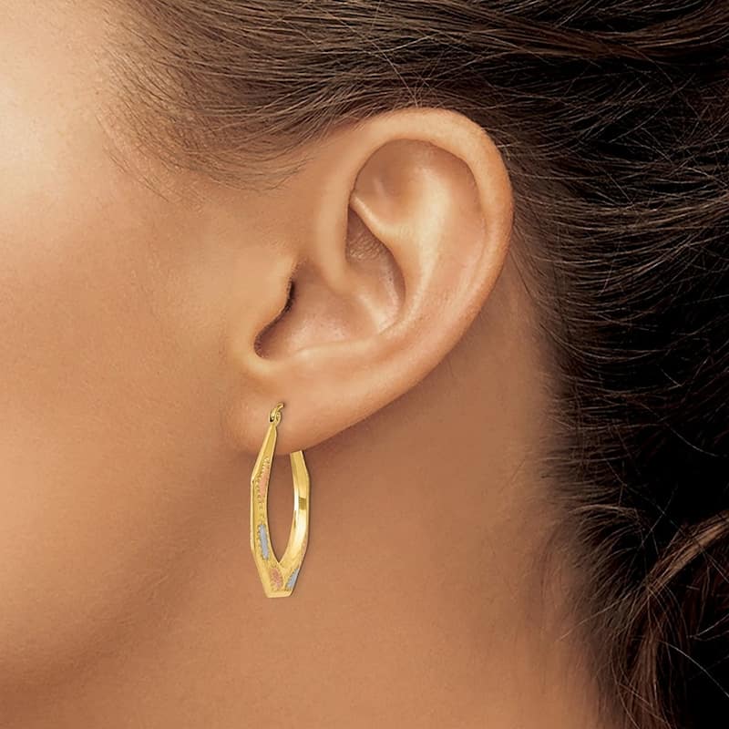 Curata 14k Yellow Gold White And Rose Rhodium 3x30mm Octagonal Flower Hoop Earrings