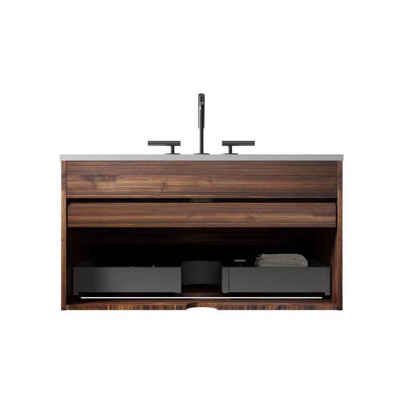 GDFStudio - Gloria Modern Wall-Mounted Floating Bathroom Vanity with Integrated Ceramic Basin & Soft-Close Drawers