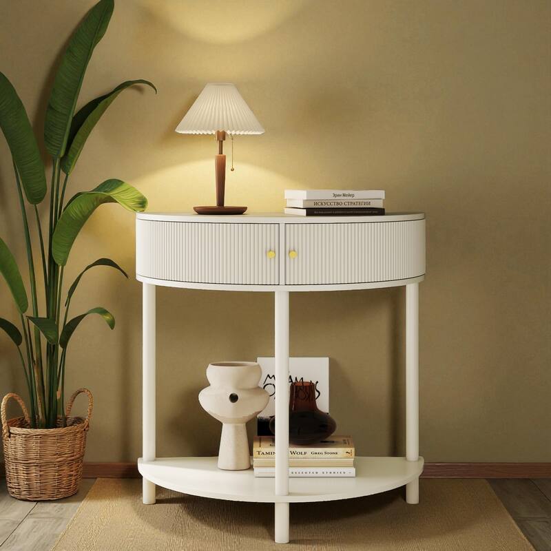31.5" Half Moon Console Table with 3D Wave Pattern, 2 Drawers and Bottom Shelf, Artisan-Crafted Entryway Accent Table - Cream White