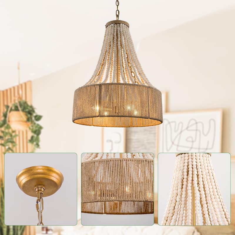4-Light Bohemian Woven Hemp Rope Wood Beads Empire Chandelier