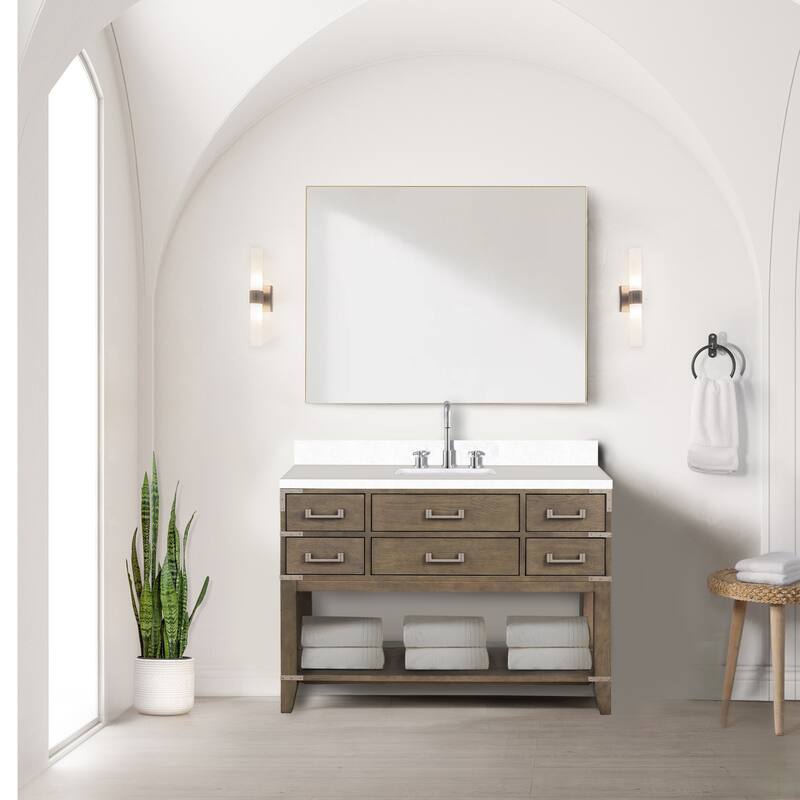 Norwalk 48 in W x 22 in D Black Oak Single Bath Vanity, White Quartz Top, and 46 in Mirror