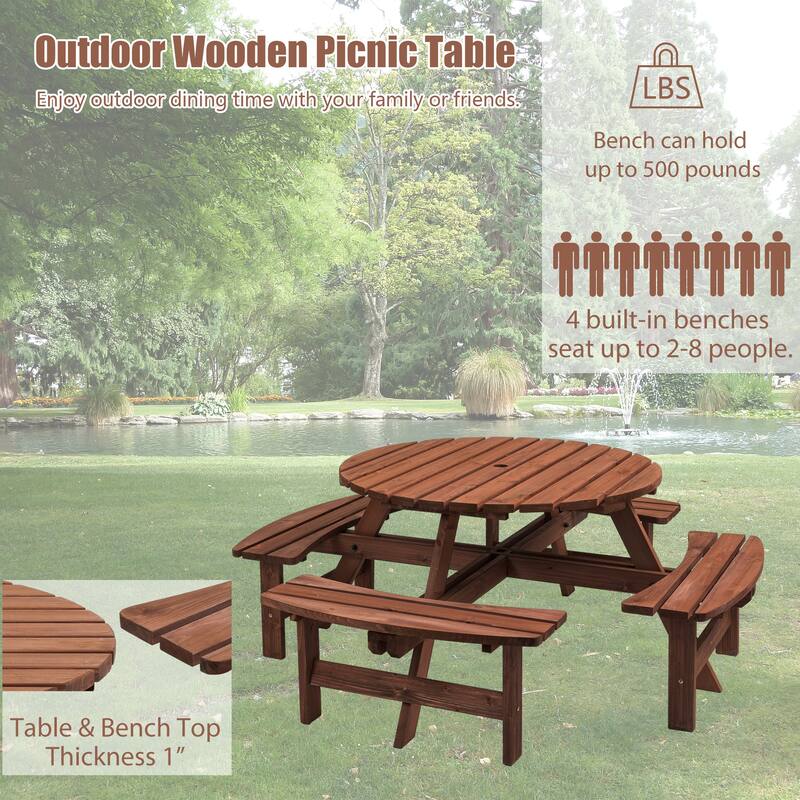 8-Person Outdoor Patio Fir Wood Round Picnic Dining Set with 4 Built-in Benches and Umbrella Hole