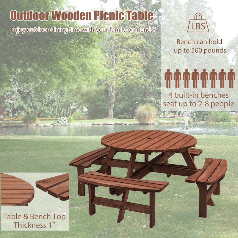 8-Person Outdoor Picnic Table w/Benches & Umbrella Hole, 2200 LBS