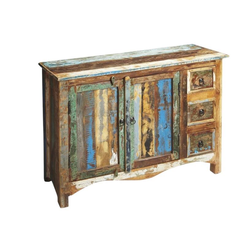 HomeRoots 44" Brown Green and Gray Solid Wood Three Drawer Sideboard with Two Doors - 43.5' X '33' X '15.75
