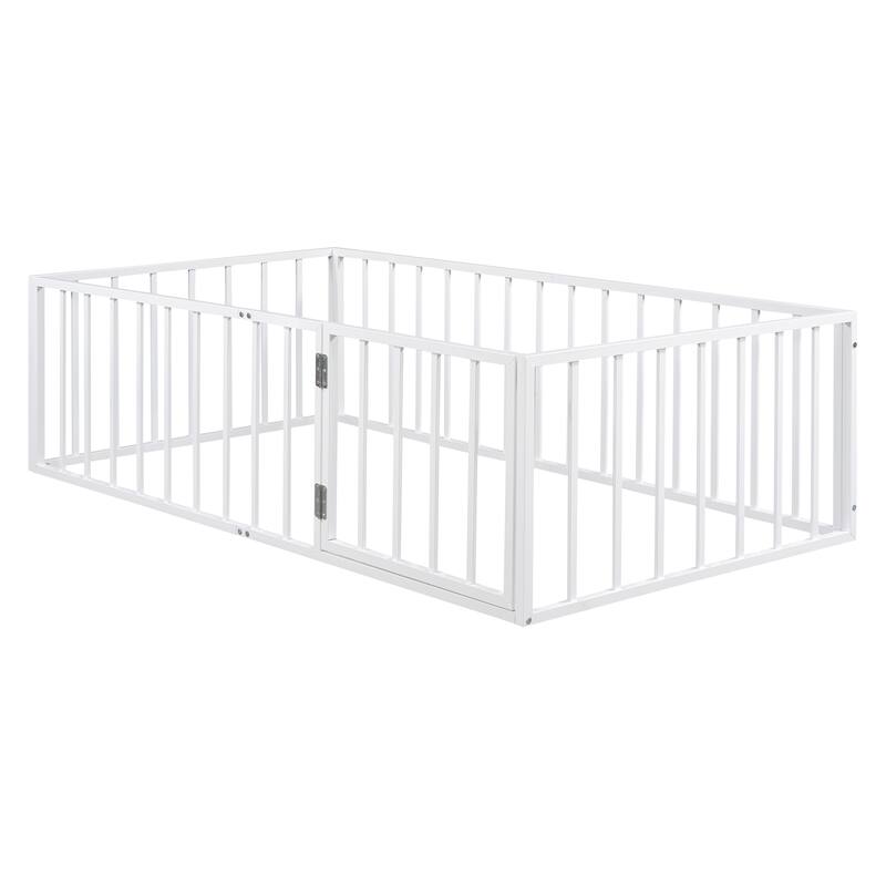 Twin Size Metal Floor Bed with Door and Fence, No Slats, Kids Play Space