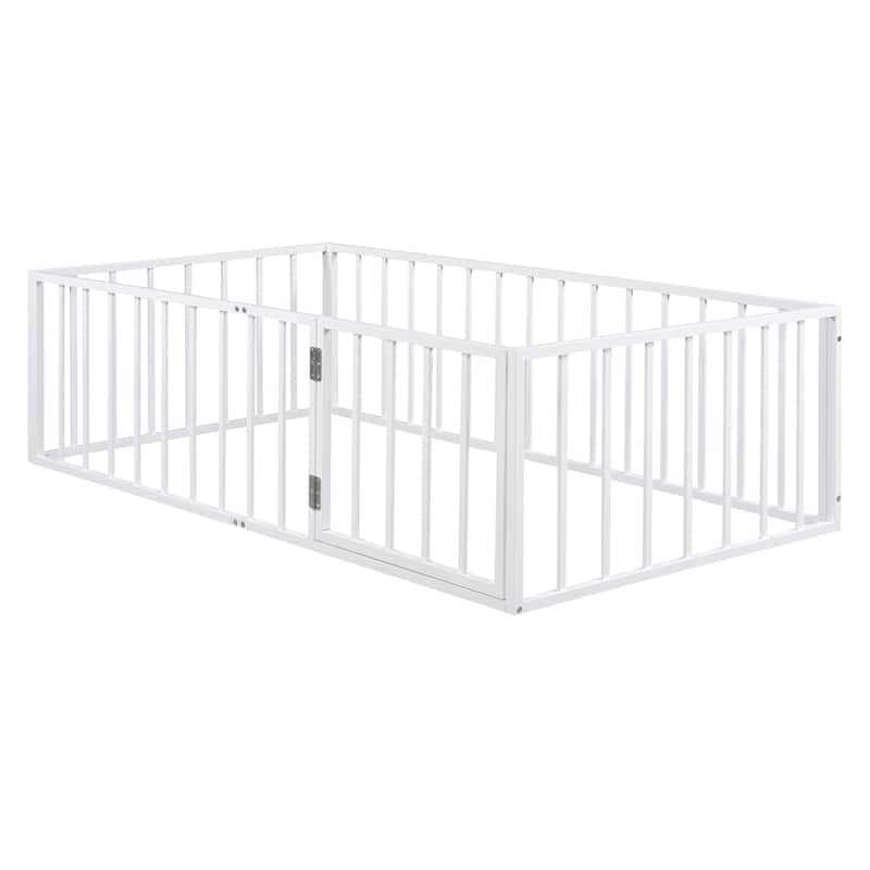 White Twin Size Metal Floor Bed Frame with Fence and Door for Kids