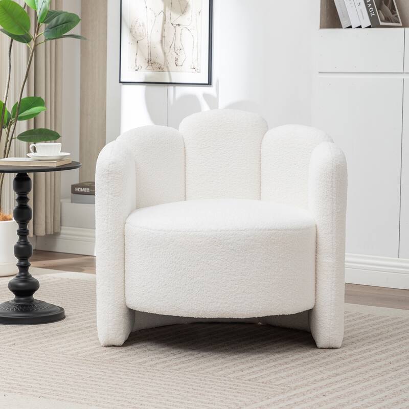 SEYNAR Modern Glam Teddy Fabric Upholstered Round Accent Chair with Flower Shaped Back Design - White