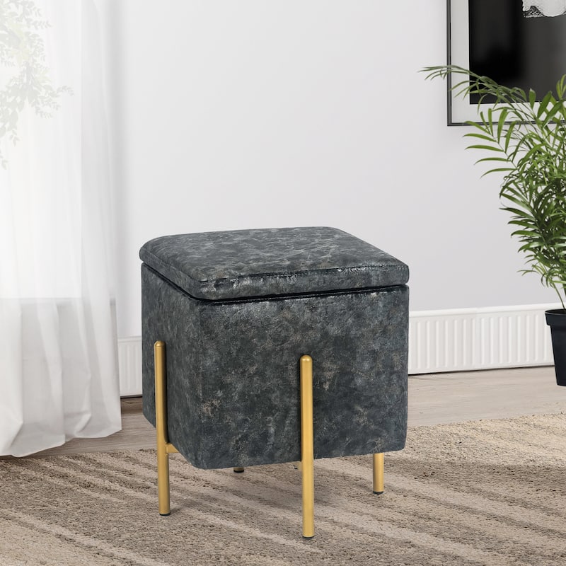 Adeco Square Velvet Storage Ottoman Multi-Function Vanity Footstool - Black-Grey