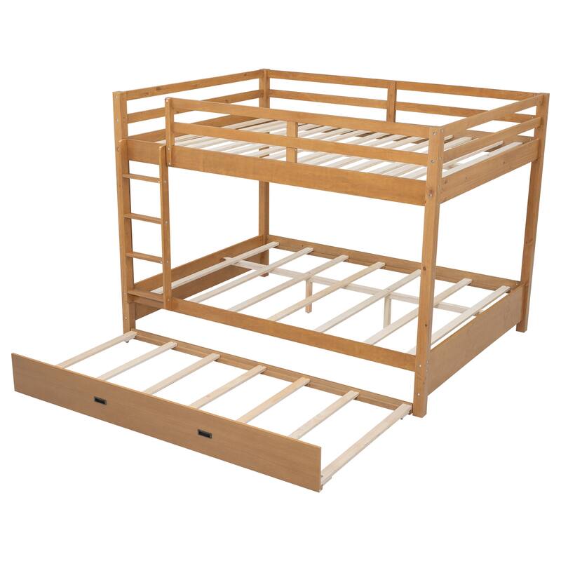 Queen Size Wood Bunk Bed with Ladder and Twin XL Trundle, Space-Saving Design