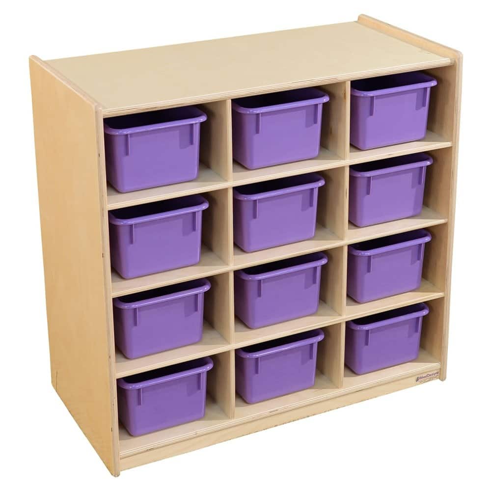 Wood Designs Birch 12 Cubby Storage Cabinet with Purple Tubs, Kids Montessori Organizers for Classroom, Kindergarten - 30"