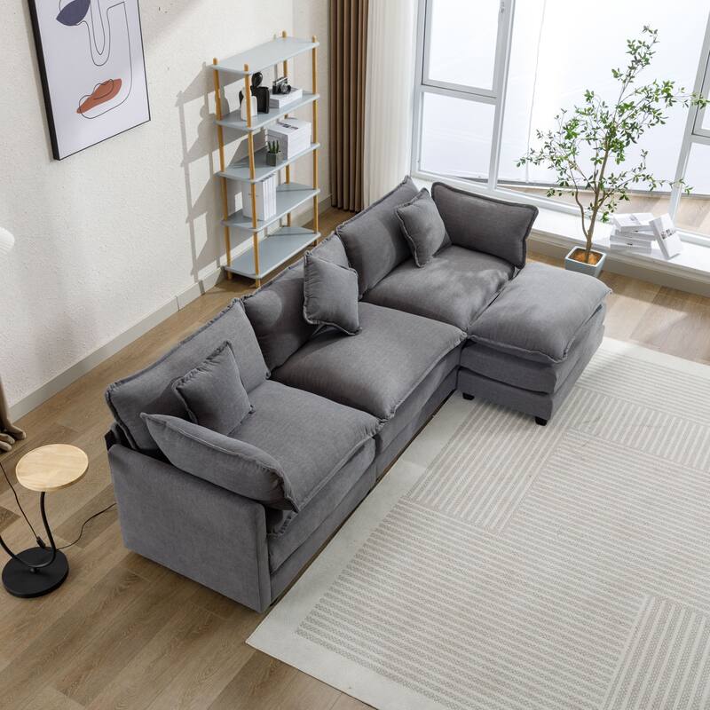 112.2" Modern L-Shaped 4-Seat Sectional Sofa with Removable Ottoman, 5 Plush Pillows, and Sturdy Construction