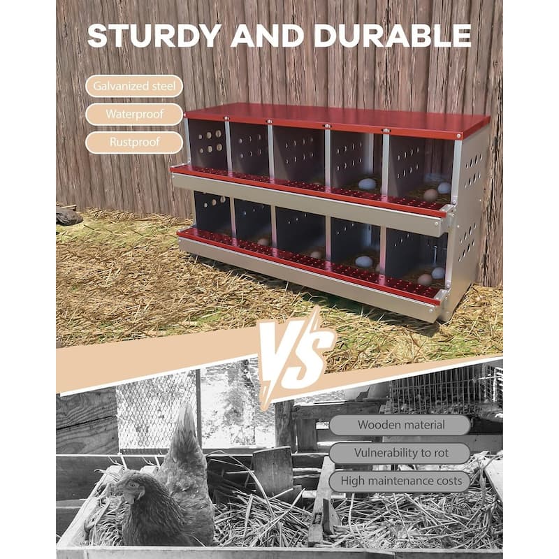 10-Compartment Metal Chicken Nesting Box, Waterproof Egg Laying Box