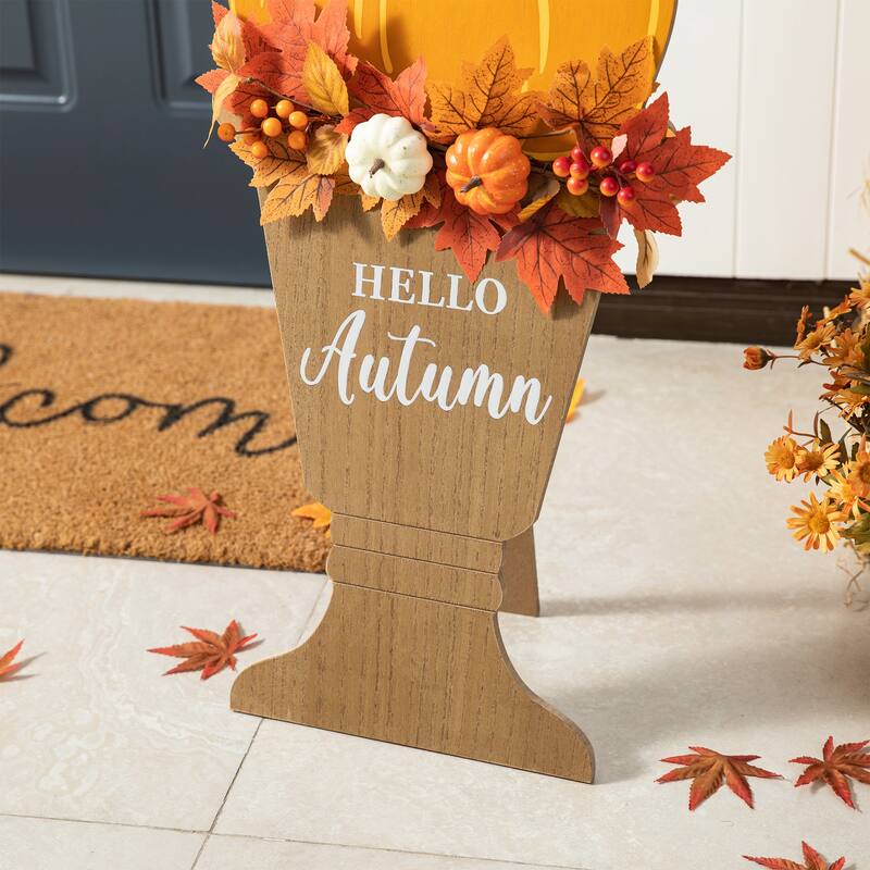 Glitzhome 36"H Fall Wooden Stacked Pumpkin with Urn Porch Decor