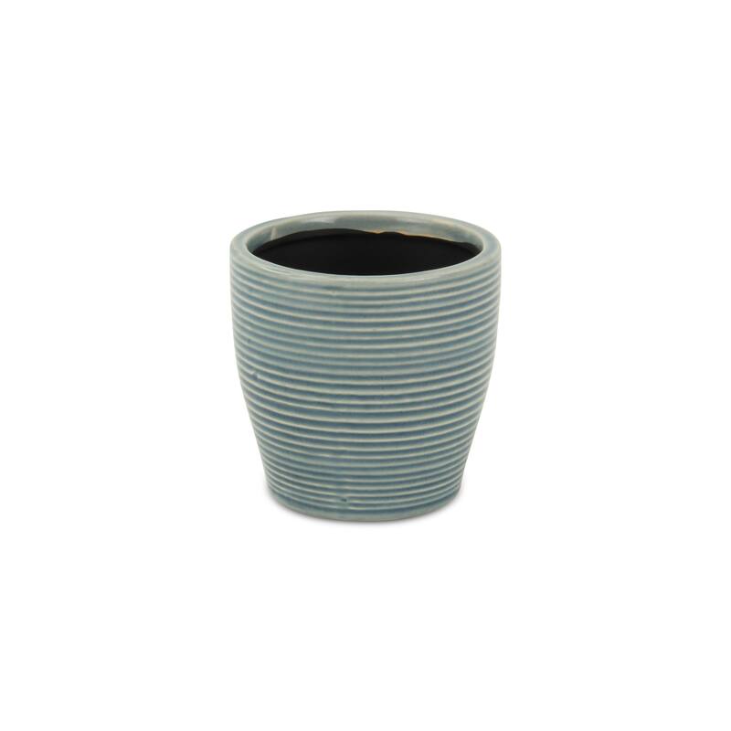 HomeRoots Blue Ceramic 22 Ounce Striped Round Distressed Pot Planter - 4.25 in. x 4.25 in. x 4.25 in.