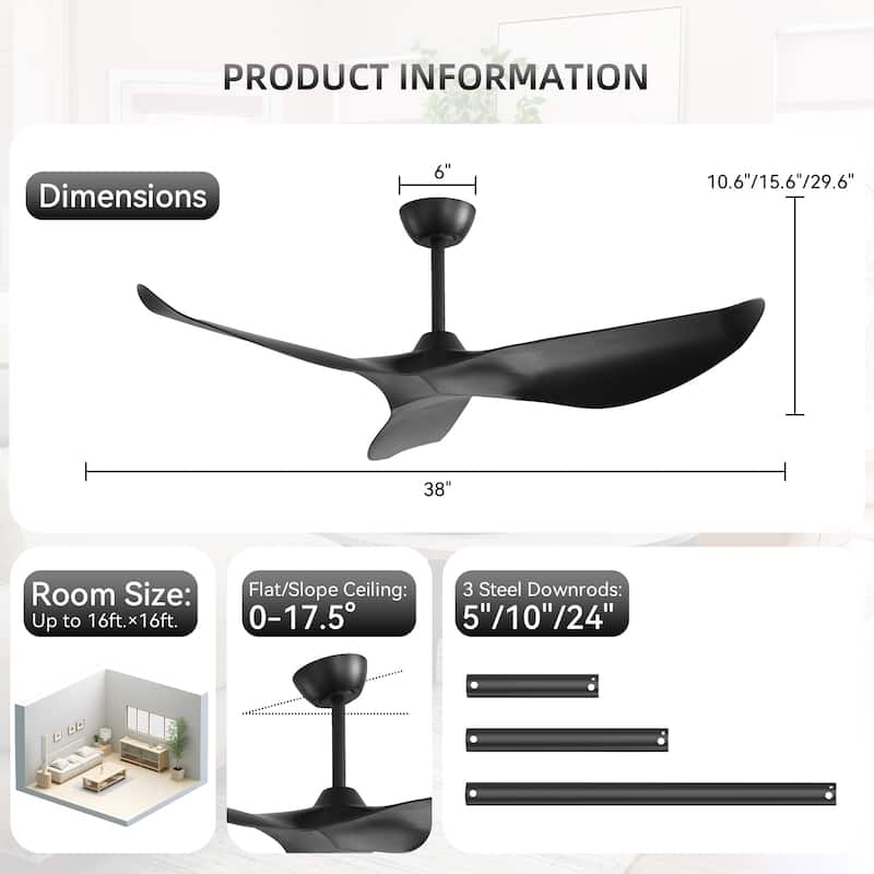 38 Inch Ceiling Fan Without Light ABS Blades Powerful Dc Motor With 1/4/8H Timer for Living Room,Bedroom