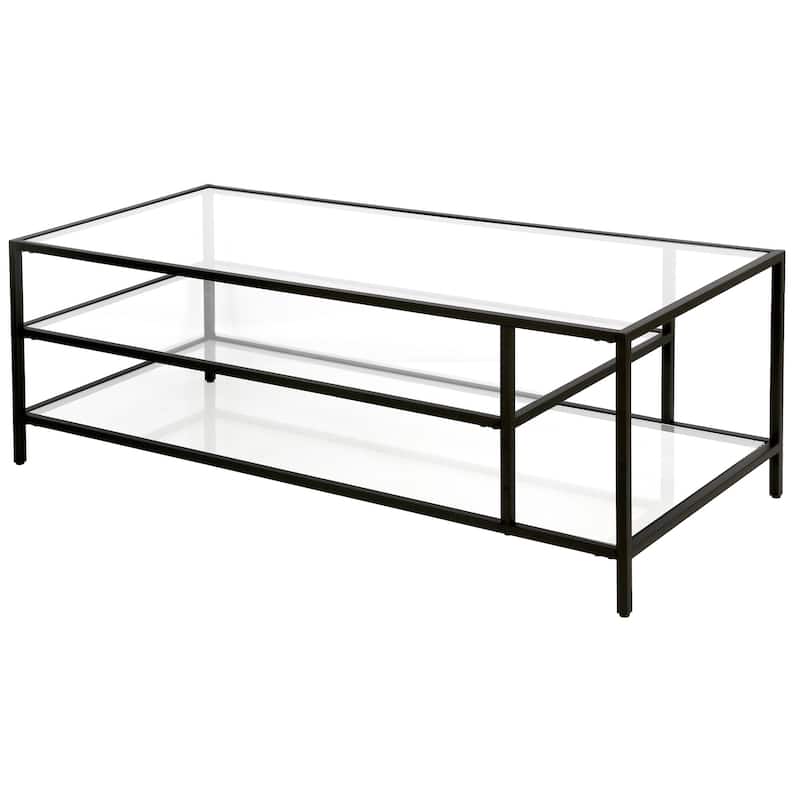 46 Inch Glass and Steel Coffee Table with Two Storage Shelves - 46” x 20” x 17”