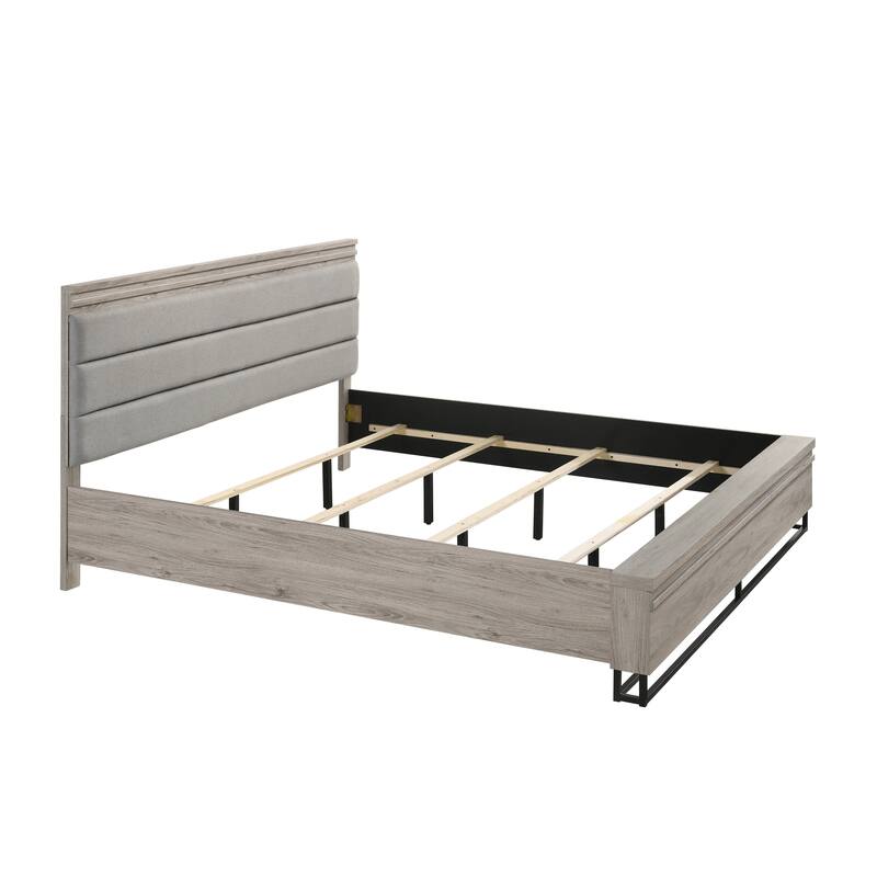 Roundhill Furniture Alvear Upholstered Wood Panel Bed, Dresser, Mirror, 2 Nightstands, and Chest, Weathered Gray
