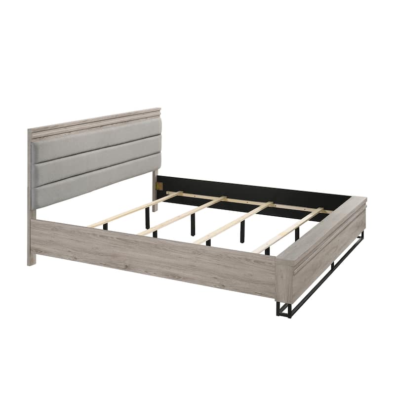 Roundhill Furniture Alvear Wallbed Bed with White LED Lights, Dresser, Mirror, and 2 Nightstands, Weathered Gray