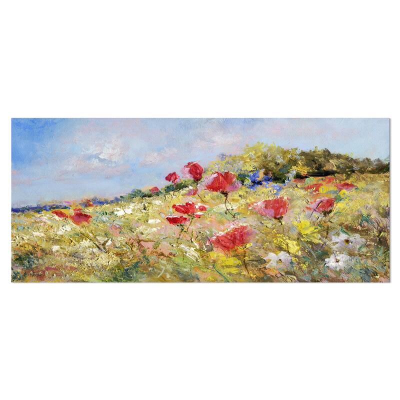Designart 'Painted Poppies on Summer Meadow' Landscape Wall Metal Wall Art - 28 in. wide x 12 in. high